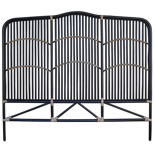 Denver Headboard Super King Black. Handcrafted super king rattan headboard with black vertical bar panelling and natural fibre accents.