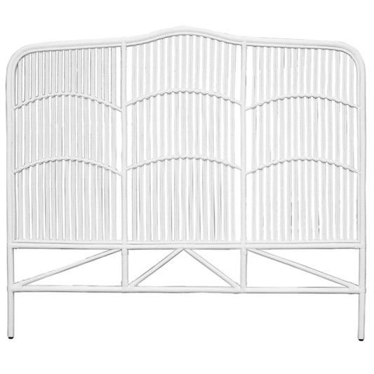 Denver Headboard Super King White. Handcrafted queen rattan headboard with white vertical bar panelling and natural fibre accents.