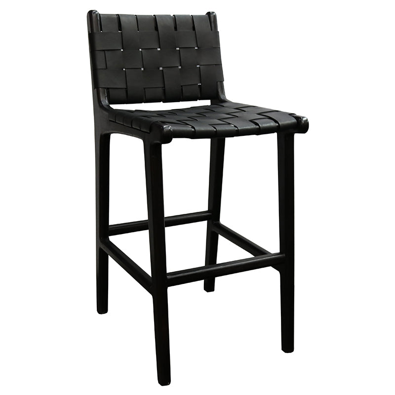 Woven black leather barstool with natural stained black teak frame.